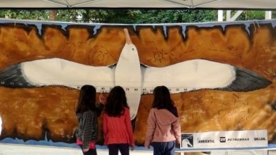 Crianças observando o Painel de Envergadura do Albatroz durante o evento Viva a Mata